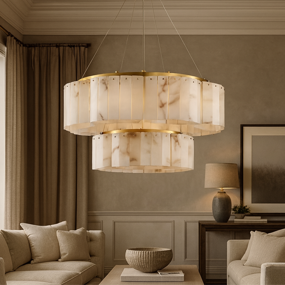 
                  
                    A modern living room with beige sofas, a wooden coffee table, large curtains, and the Solenne Two-Tier Marble Chandelier by Morsale.com, crafted from Spanish marble and gold, creates a cozy, elegant space in warm, neutral tones.
                  
                