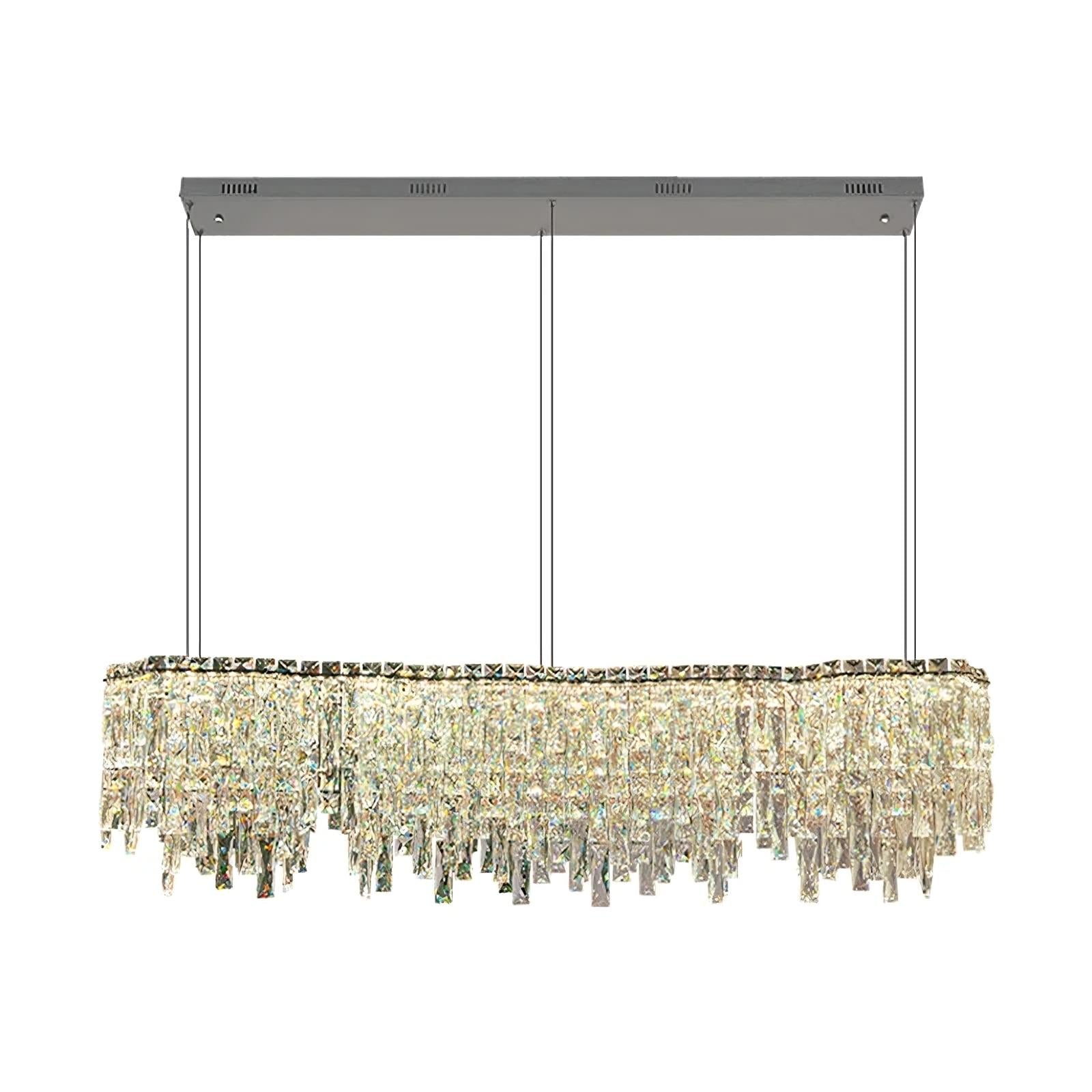 The Bacci Crystal Modern Dining Room Light Fixture 47" by Morsale.com features a rectangular crystal chandelier suspended from a metallic base by two thin wires, adorned with numerous hanging crystal prisms that cascade in shimmering layers. This luxurious and elegant dimmable LED fixture is perfect for any contemporary dining room.