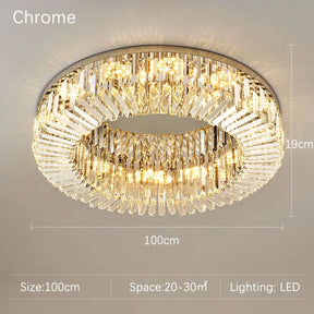 The Specchio Crystal Ceiling Light Fixture from Morsale.com is a round, crystal chandelier with a chrome finish, perfect for modern decor. It features multiple tiers of vertical clear crystals encircling LED lights. With dimensions of 100cm in diameter and 19cm in height, it's ideal for spaces of 20–30 square meters.