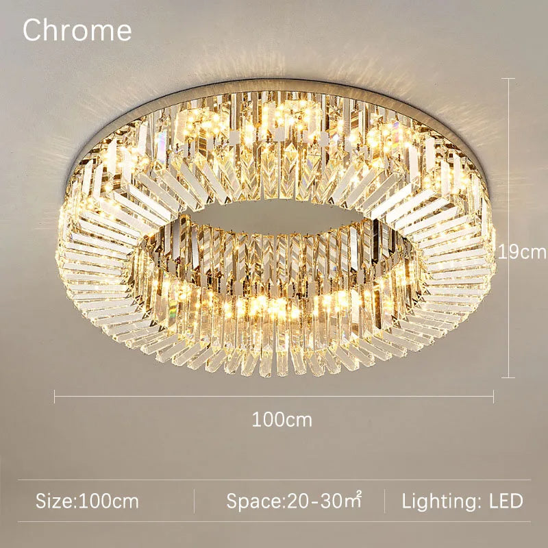 The Specchio Crystal Ceiling Light Fixture from Morsale.com is a round, crystal chandelier with a chrome finish, perfect for modern decor. It features multiple tiers of vertical clear crystals encircling LED lights. With dimensions of 100cm in diameter and 19cm in height, it's ideal for spaces of 20–30 square meters.