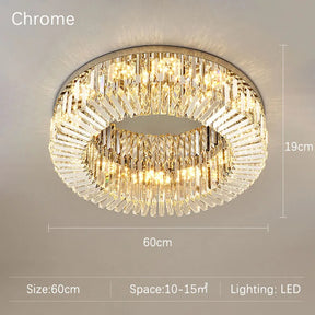 The Specchio Crystal Ceiling Light Fixture by Morsale.com is a round chrome chandelier with a 60cm diameter and 19cm height, adorned with clear crystal prisms and equipped with LED lighting. Perfect for modern decor, it is suited for spaces ranging from 10 to 15 square meters and emits a warm, elegant glow.