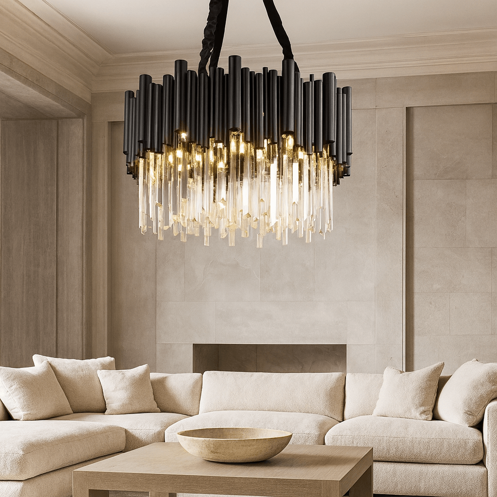 A modern living room features a large cream sectional, a light wood coffee table with a round bowl, and the Vigo Crystal Chandelier by Morsale.com—an eye-catching stainless steel piece with black and gold rods and exposed bulbs, set against beige walls.