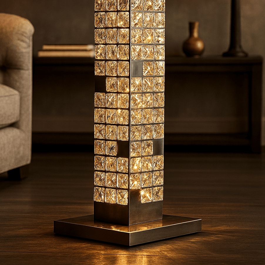 
                  
                    Decorative floor lamp with glass blocks in a living room setting
                  
                