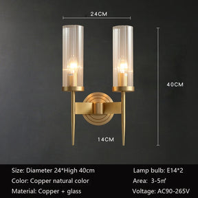 The Morsale Palermo Postmodern Copper Wall Sconce features a contemporary lighting design with two cylindrical glass shades on a sleek base, combining elegance and practicality. With dimensions of 24x14x40 cm, it accommodates E14 bulbs and is ideal for illuminating areas of 3-5m², operating efficiently on AC90-265V.