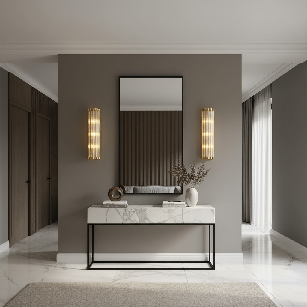 A modern entryway has a marble console, a vase of dried flowers, a large mirror above, and two Morsale.com Aurum Copper & Glass Wall Sconces providing ambient lighting on either side, all set against a taupe accent wall.