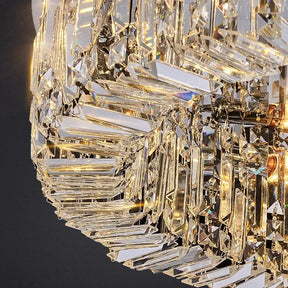 Close-up view of the Specchio Crystal Ceiling Light Fixture by Morsale.com, showcasing numerous sparkling crystal prisms that reflect light. The intricate design creates a radiant and elegant effect against the dark background, epitomizing modern decor in ceiling lighting.