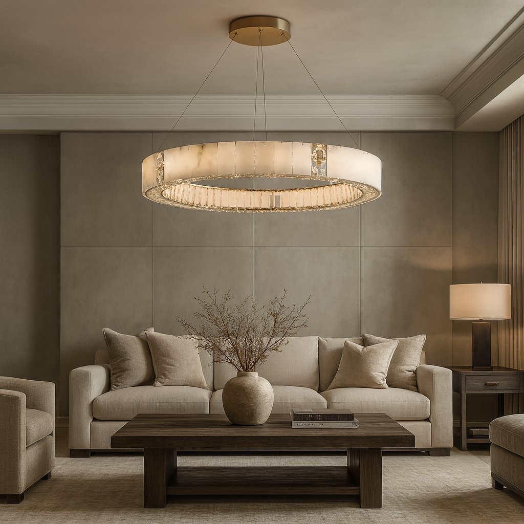 A modern living room with beige sofas, a dark wooden coffee table topped with a round vase of dried branches, and neutral walls softly lit by the Kolia Stafford Marble & Crystal Ceiling Chandelier.
