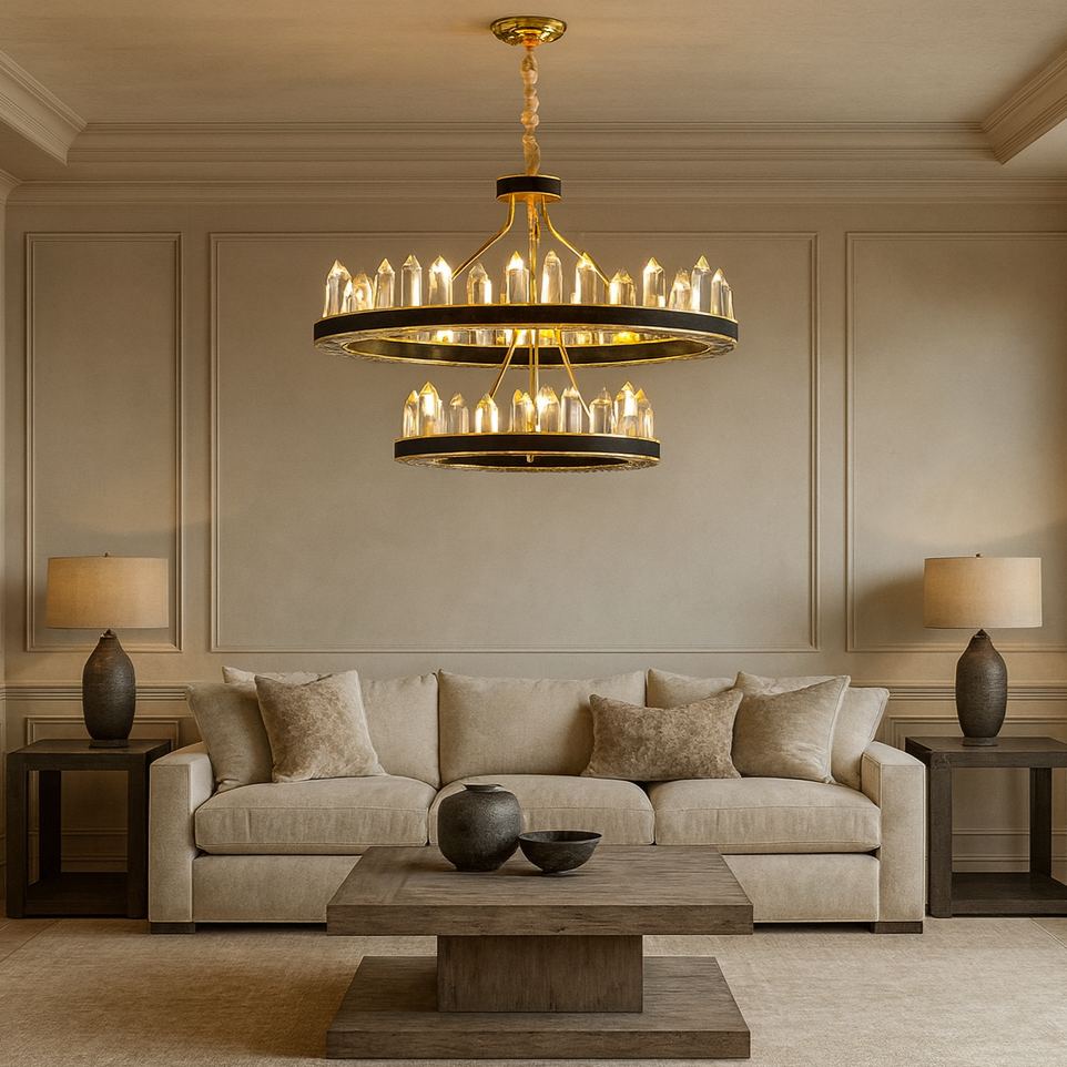 A beige living room with a cream sofa, neutral cushions, dark table lamps on side tables, a wooden coffee table topped with vases, and the Brenton Farmhouse Crystal Chandelier by Morsale.com suspended above.