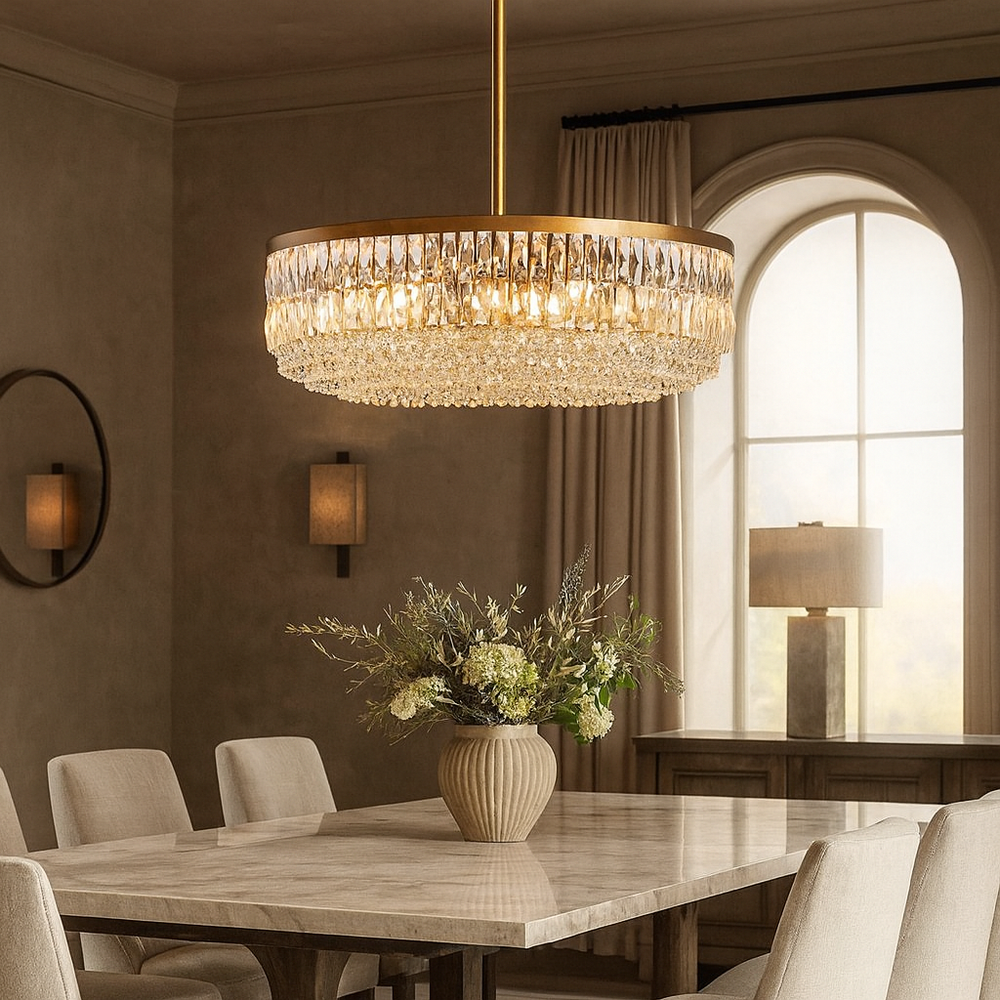 
                  
                    A modern dining room features the Bacci Crystal Round Chandelier from Morsale.com, a marble table with cushioned chairs, a floral centerpiece, soft light from wall sconces, and a modern pendant by an arched window.
                  
                