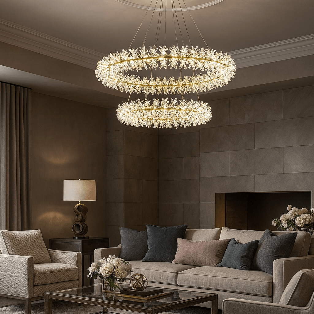 A modern living room with neutral tones showcases the Exton Crystal Chandelier by Morsale.com, offering elegant mood lighting above a sofa with cushions, two armchairs, a side table with lamp, and vases of flowers for an inviting ambiance.