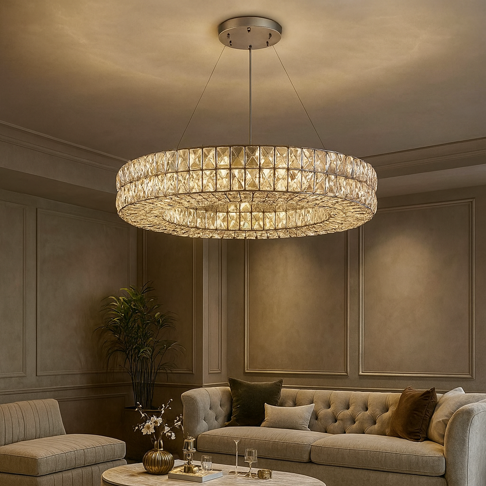 A modern living room features the Bacci Crystal Wheel Chandelier from Morsale.com casting warm light over a beige tufted sofa, round coffee table, armchair, and decorative plant.
