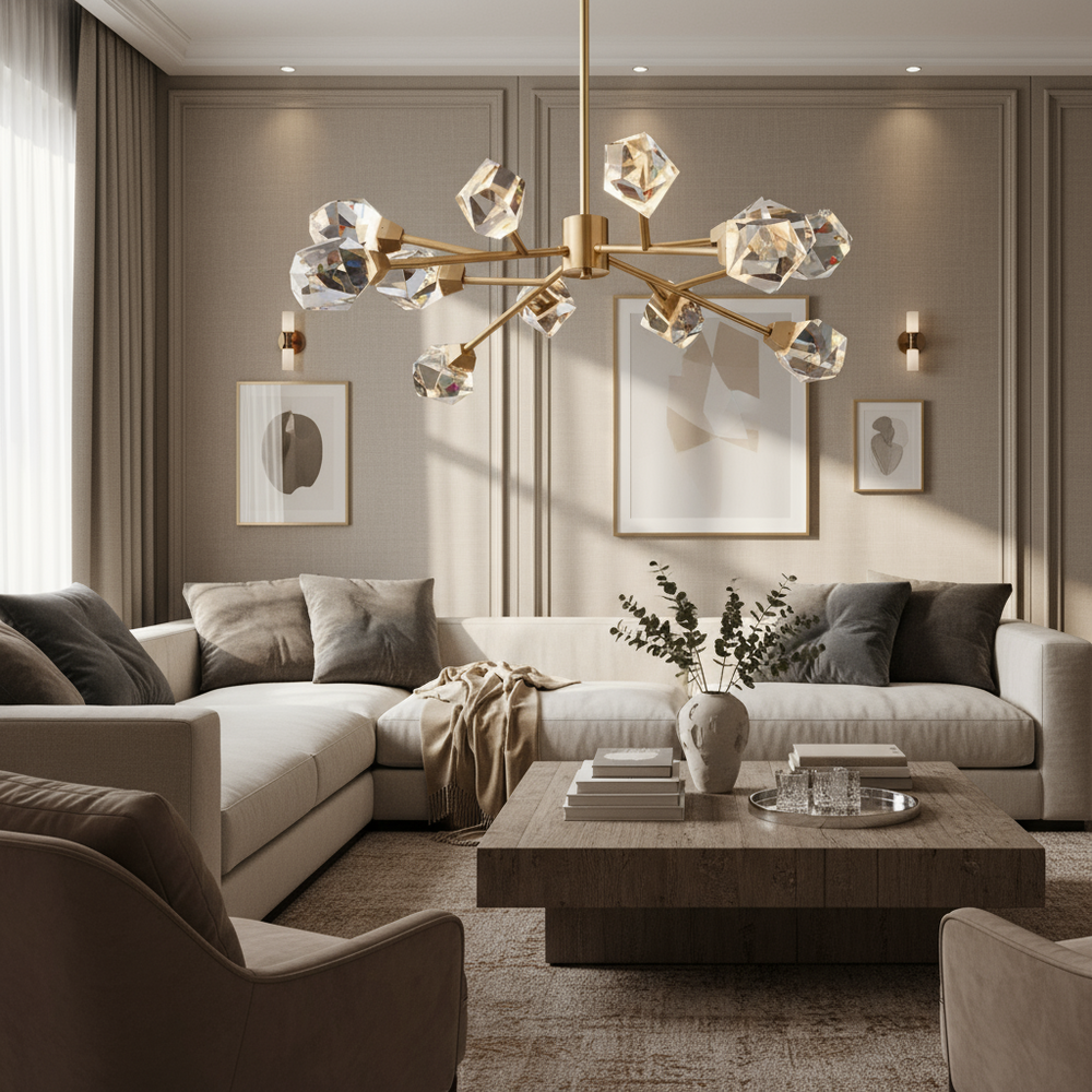 A modern living room features beige walls, a cream sectional, wooden coffee table, abstract art, and the Diamante 12-Light Crystal Chandelier by Morsale.com. Neutral tones and soft lighting create a cozy, elegant ambiance.