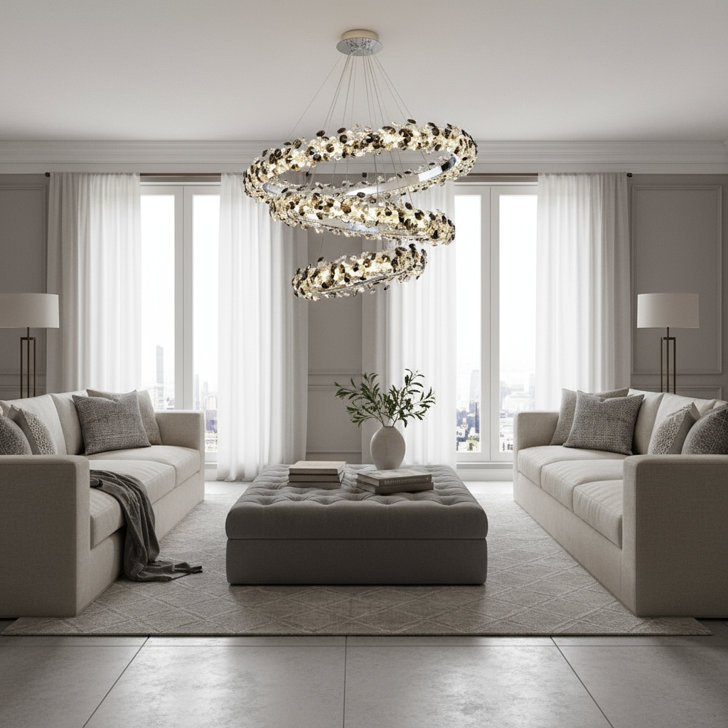 A modern living room with two beige sofas facing each other, a tufted ottoman in the center, a flower vase, floor lamps, large windows with sheer curtains, and the stunning Bigman Gardo Crystal Modern Chandelier overhead.