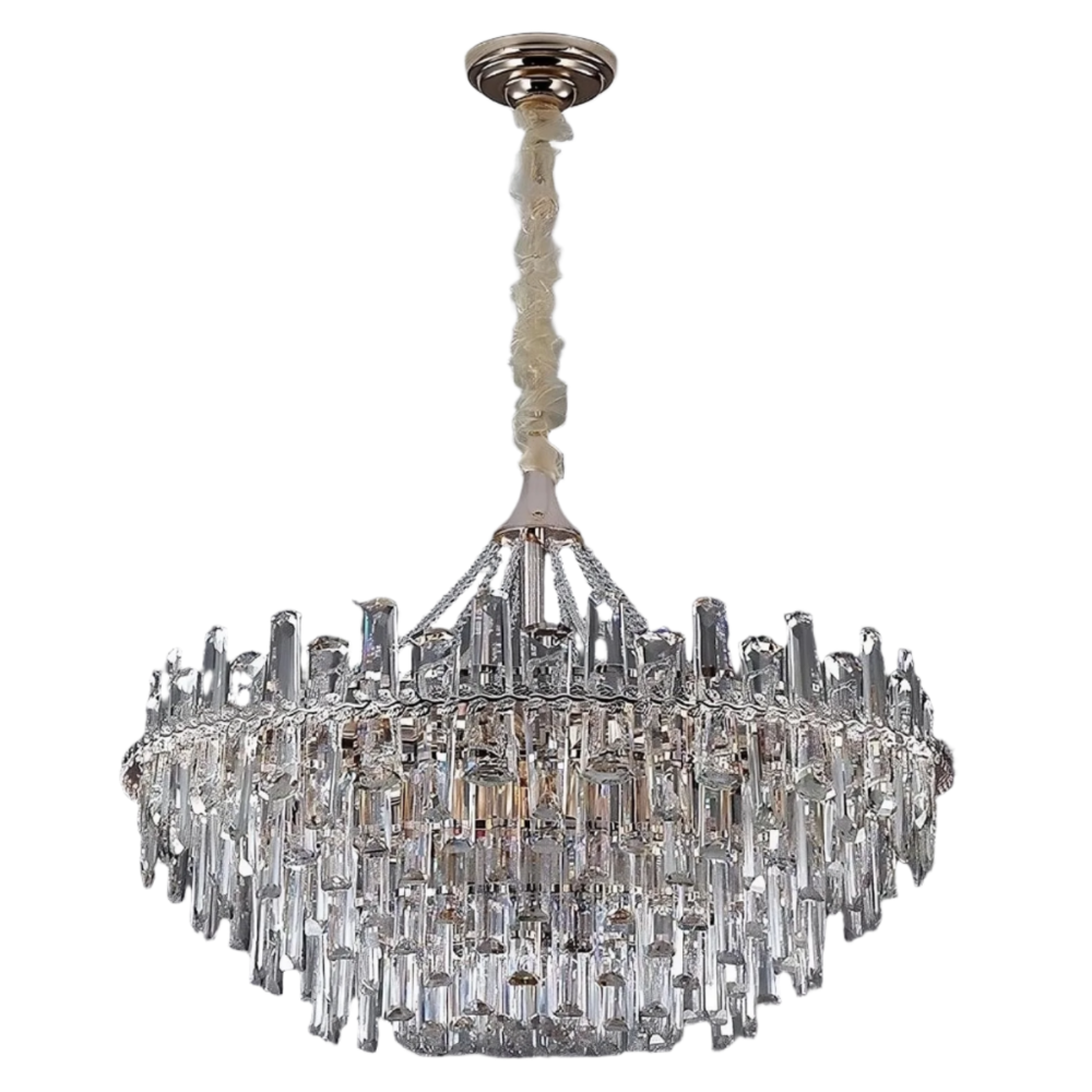 A luxurious Gio Crystal Modern Chandelier from Morsale.com hangs from the ceiling, showcasing multiple tiers of sparkling, elongated handmade crystals that cascade downwards. The chandelier is suspended by a metal chain with an ornate ceiling mount and features dimmable LED bulbs to set the perfect ambiance.