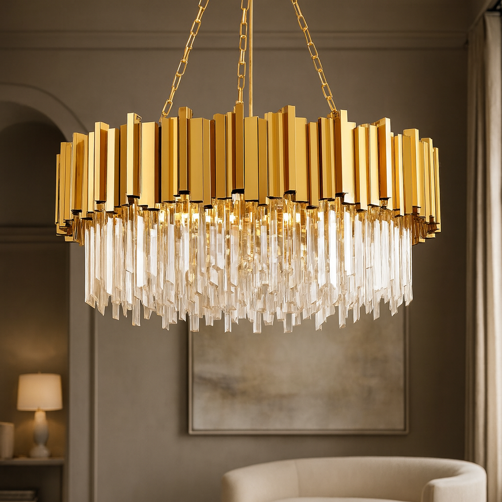 The Gio Crystal Chandelier by Morsale.com features geometric metal shapes and cascading crystal prisms, adding luxury to a modern living room with soft lighting, a neutral armchair, table lamp, and framed artwork.