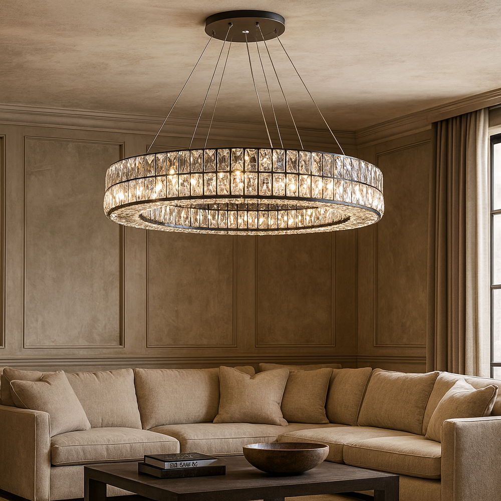 The Hutton Crystal Modern Chandelier by Morsale.com, featuring handmade K9 crystals, hangs above a beige sectional in an elegant living room with paneled walls, a coffee table, and natural light streaming through the window.