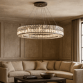 Hutton crystal modern chandelier by Morsale.com, hand-set K9 crystal on a sleek black frame above a dining table.