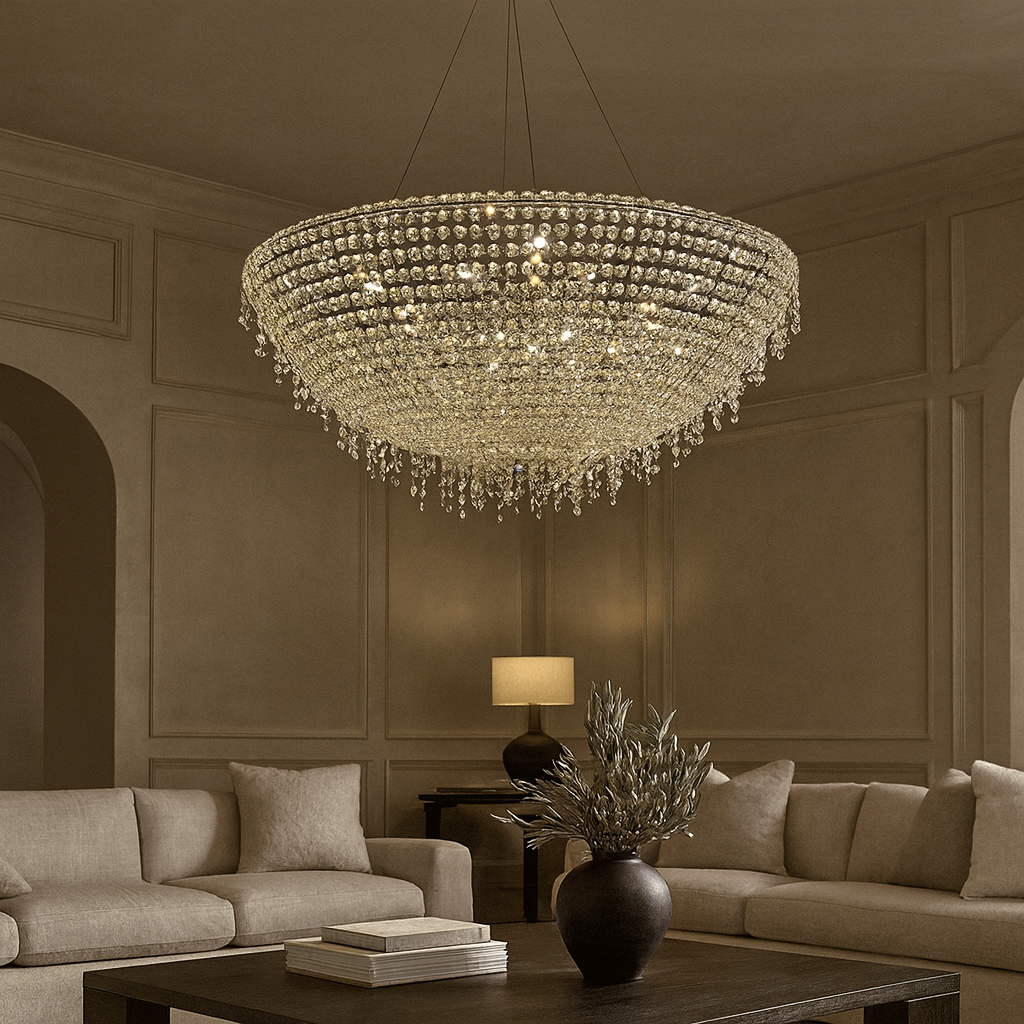 The Morsale.com Adena Crystal Tassel Chandelier graces the ceiling of a chic living room with beige walls, neutral sofas, a wooden coffee table, and a table lamp in the background.