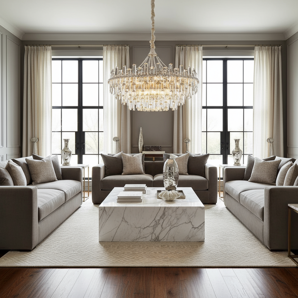 A modern living room with two gray sofas, a white marble coffee table, neutral decor, large windows with sheer curtains, and the stunning Gio Crystal Modern Chandelier by Morsale.com hanging from the ceiling.