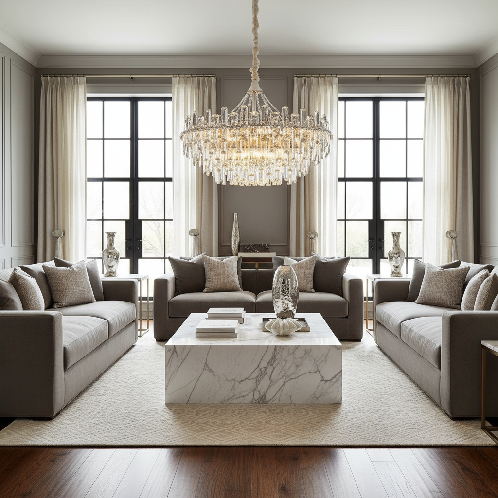 A modern living room with two gray sofas, a white marble coffee table, neutral decor, large windows with sheer curtains, and the stunning Gio Crystal Modern Chandelier by Morsale.com hanging from the ceiling.