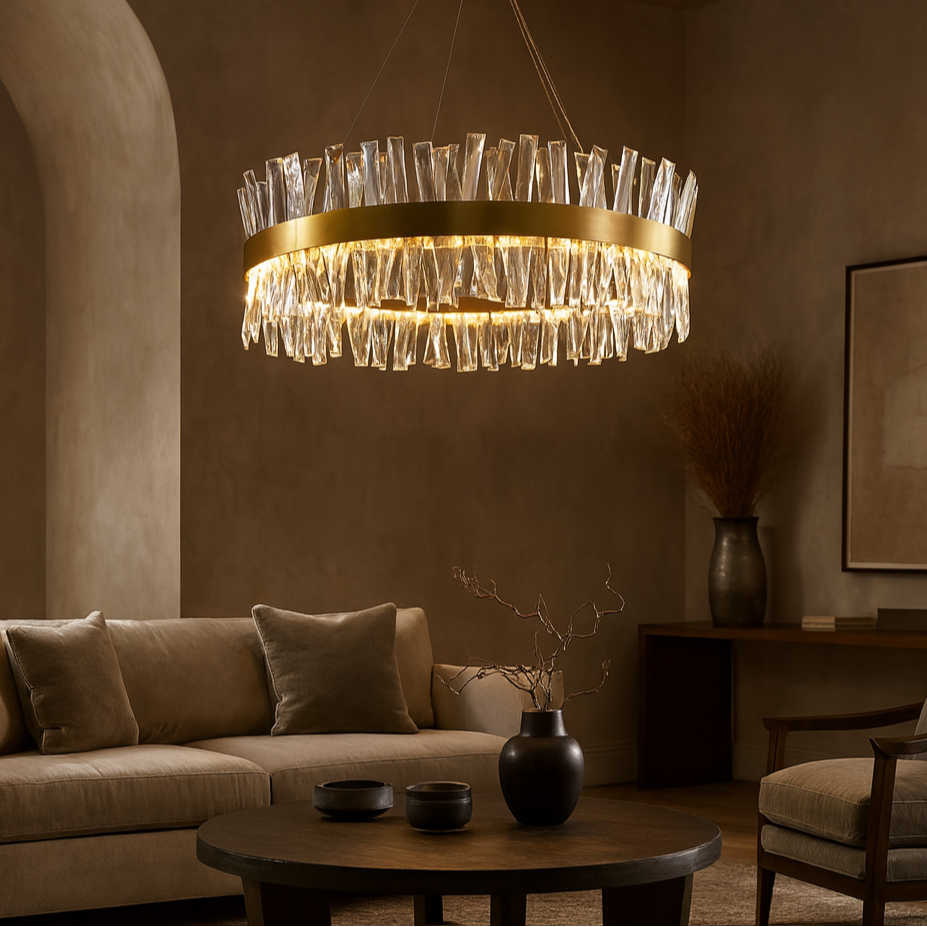 A modern living room with neutral tones showcases the Calvi Crystal Chandelier from Morsale.com above a round coffee table, beige sofa, and armchair, accented by minimal decor for a warm, elegant ambiance.