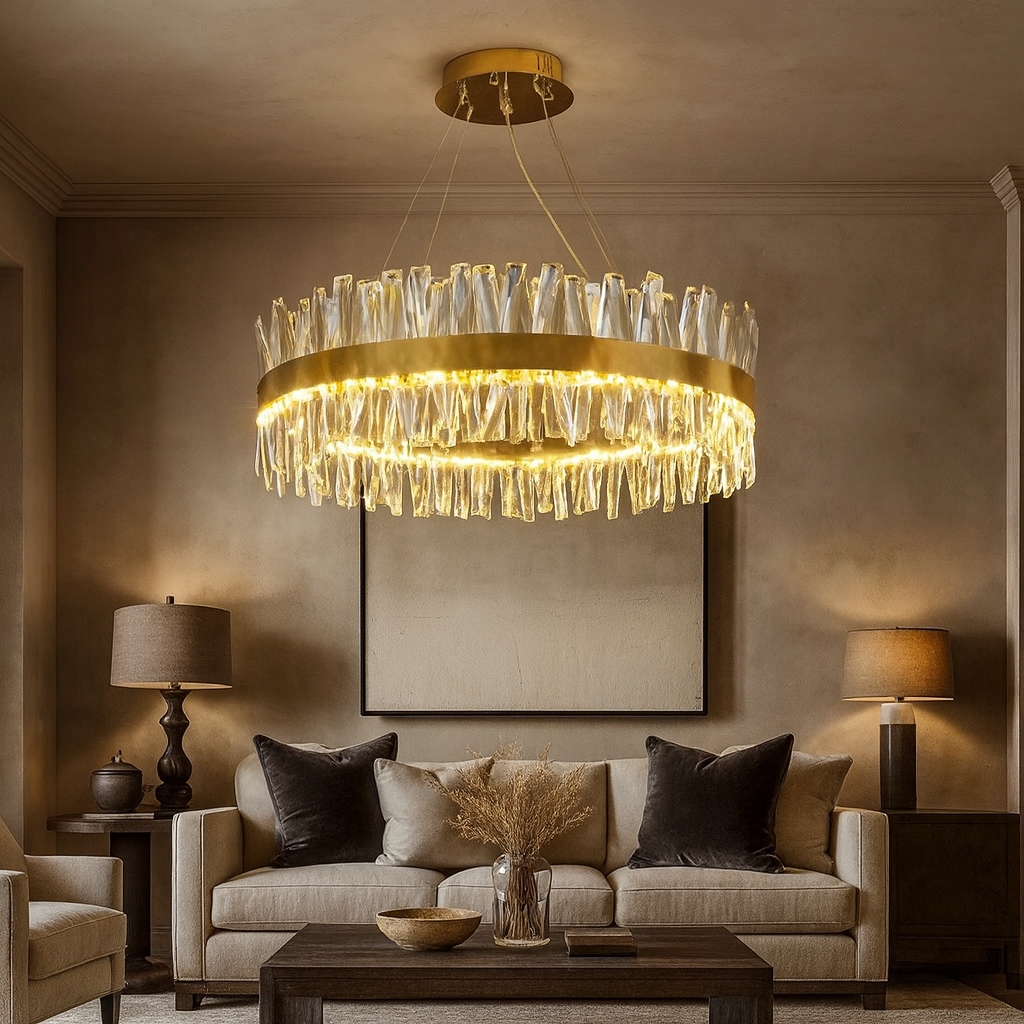 A modern living room features a beige sofa, dark accent pillows, matching table lamps, a central coffee table, and the Calvi Crystal Chandelier by Morsale.com elegantly suspended from the ceiling.