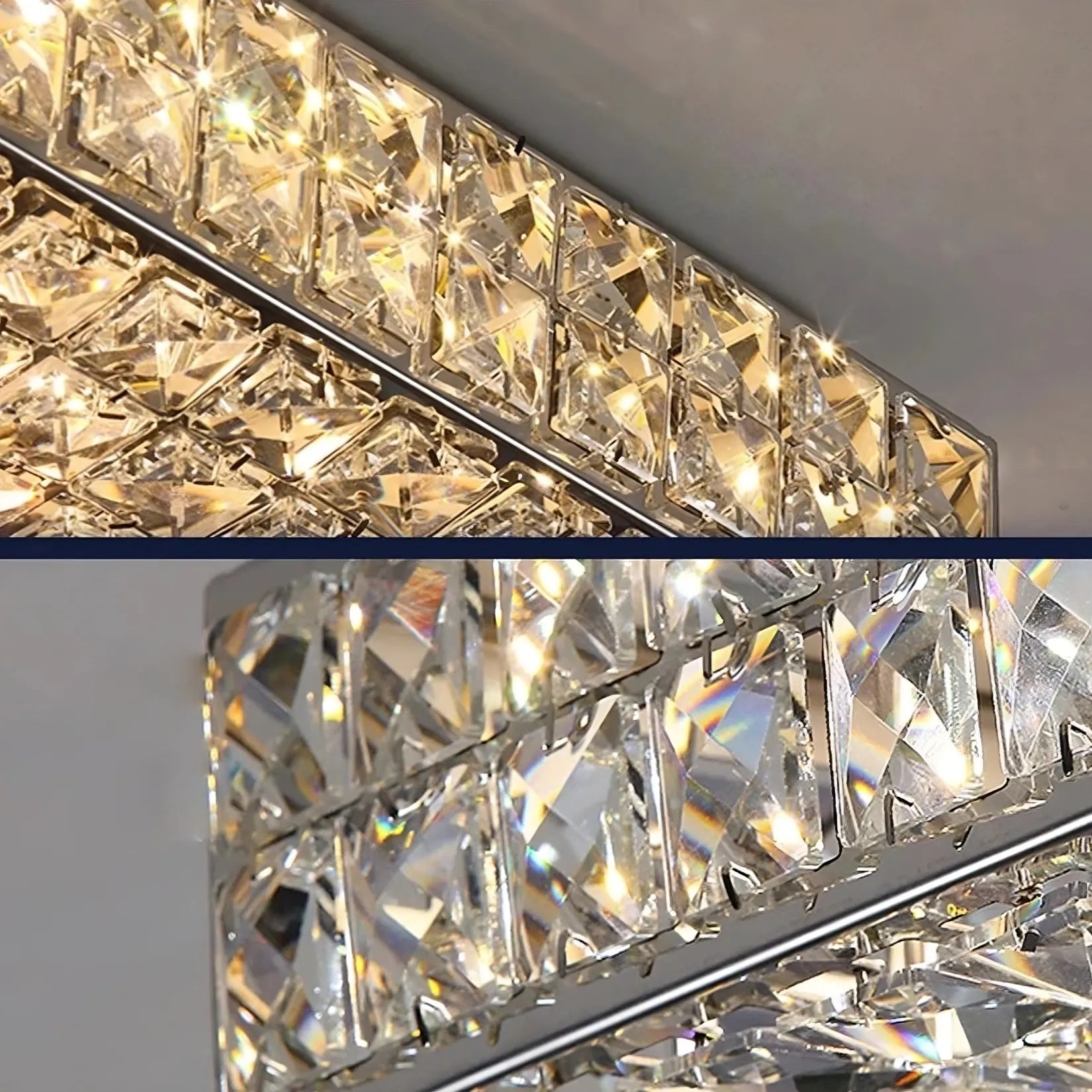 A close-up of the luxurious Bacci Clear Crystal Light Fixture by Morsale.com with rectangular prisms reflecting warm light, creating a vibrant, sparkling effect. The chandelier's geometric design is emphasized, showcasing the intricate arrangement of the crystal elements.