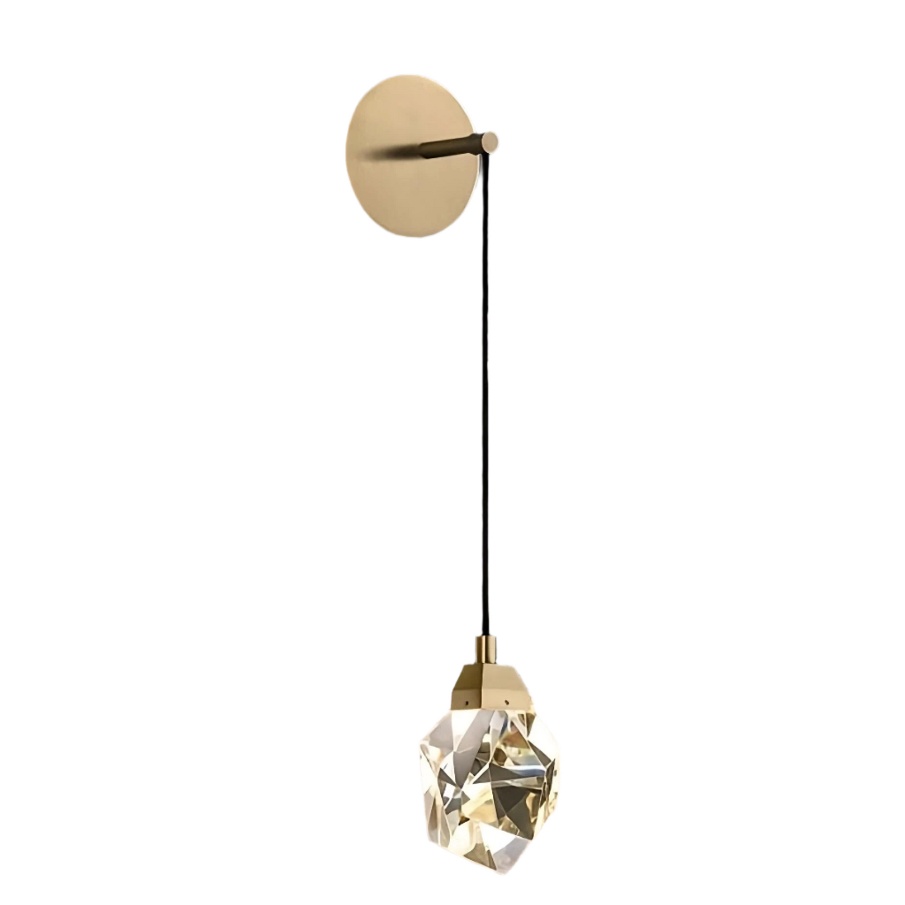 The Bari Crystal Wall Sconce by Morsale.com is a modern wall-mounted pendant light that features a matte gold mounting plate, a black cord, and a faceted crystal-like geometric shade. This premium brass sconce is elegant and contemporary, adding a sophisticated touch to interior decor.