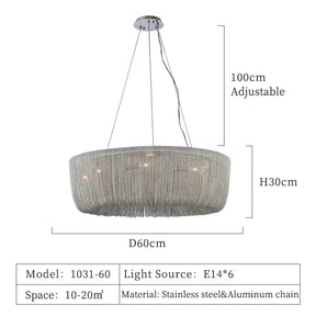 The Cadena Chain Tassel Chandelier Light by Morsale.com is a modern light fixture featuring a circular design, suspended by two adjustable wires from a ceiling mount. Measuring 60 cm in diameter and 30 cm in height, it showcases a mesh-like texture and utilizes six E14 light bulbs. Crafted from stainless steel and aluminum, this elegant piece is an exquisite addition to any decor.