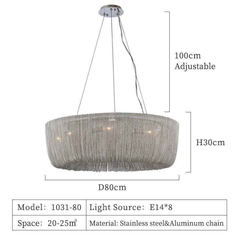 Displayed is an image of the Cadena Chain Tassel Chandelier Light, a modern fixture from Morsale.com featuring specified measurements and details. The round chandelier boasts a diameter of 80cm and a height of 30cm, with an adjustable hanging height extending up to 100cm. It accommodates 8 E14 bulbs and is ideal for spaces ranging from 20-25 square meters. Crafted from stainless steel and aluminum chain, this elegant piece carries the model number: 103.
