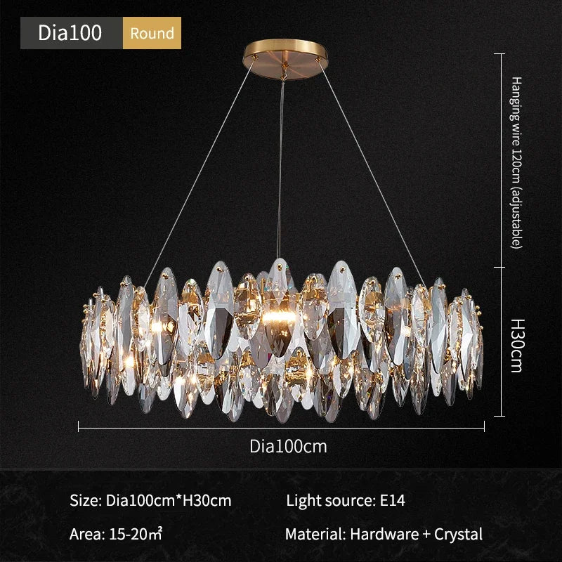 The Lazzo Modern Chandelier from Morsale.com features handmade crystals that hang elegantly from the ceiling. With a diameter of 100 cm and a height of 30 cm, it uses an adjustable wire of 120 cm. Ideal for areas measuring 15-20 m², this exquisite crystal chandelier requires E14 bulbs and is crafted from high-quality hardware and crystals.