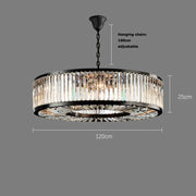 A Gio Crystal Modern Chandelier by Morsale.com with a black frame and handmade crystal prisms is suspended from the ceiling by an adjustable 100 cm chain. The chandelier, 120 cm in diameter and 25 cm tall, elegantly stands out against the grey background, highlighting its sophisticated design and features.