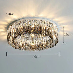 A Giano Crystal Ceiling Light by Morsale.com is shown, measuring 40 cm in diameter, 16 cm in height, and 120W in power consumption. This round crystal ceiling light features cascading pendants that create an elegant and sparkling effect when illuminated, embodying classic luxury.