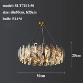 A modern Lazzo Crystal Ceiling Chandelier with a diameter of 50cm and a height of 25cm from Morsale.com, model SLT7201-50, is shown against a grey background. It features handmade crystals in a circular design and uses six E14 bulbs. This elegant chandelier is suspended by wires from a gold-plated stainless steel mounting.