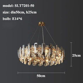 A modern Lazzo Crystal Ceiling Chandelier with a diameter of 50cm and a height of 25cm from Morsale.com, model SLT7201-50, is shown against a grey background. It features handmade crystals in a circular design and uses six E14 bulbs. This elegant chandelier is suspended by wires from a gold-plated stainless steel mounting.