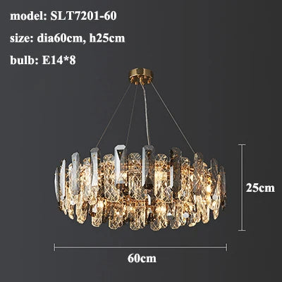 An elegant Lazzo Crystal Ceiling Chandelier model SLT7201-60 from Morsale.com with a diameter of 60cm and a height of 25cm. It features multiple decorative elements and uses 8 E14 bulbs. This modern crystal chandelier has a luxurious design with gold plated stainless steel and handmade crystals, showcasing intricate detailing.