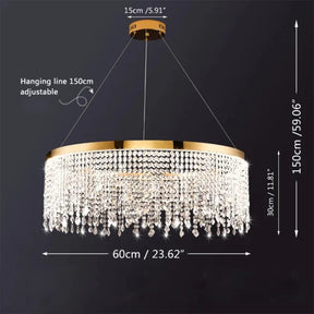 A contemporary piece, the Adena Crystal Modern Ring Chandelier by Morsale.com features a circular gold design adorned with multiple shimmering, diamond-shaped crystal beads. It hangs from the ceiling with adjustable lines and measures 31.5 inches in diameter and 59.06 inches in total height, with the crystal strands hanging down 11.81 inches.