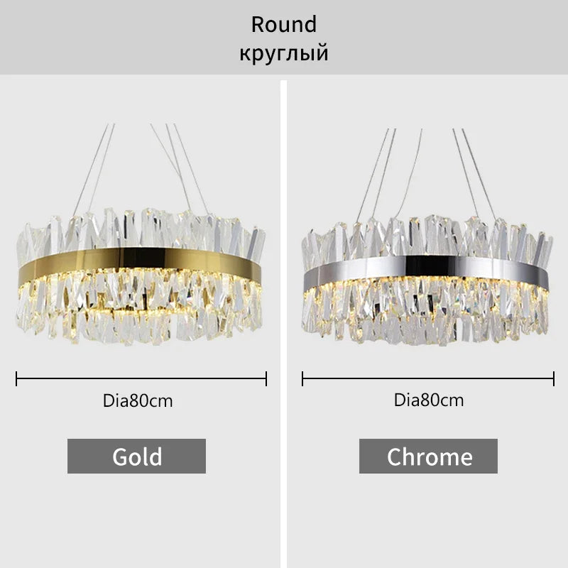 A comparison of two round Calvi Crystal Chandeliers by Morsale.com, each measuring 80 cm in diameter. The left chandelier features a modern design with a gold finish, while the right one boasts a chrome color with clear crystal elements. Both chandeliers are suspended by wires and labeled "Gold" and "Chrome.