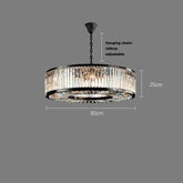 A **Gio Crystal Modern Chandelier** by **Morsale.com** featuring handmade crystals and a black metal frame with adjustable chain. The circular chandelier has dimensions of 80cm in diameter and 25cm in height. The 100cm hanging chain is adjustable, set against a plain gray background.