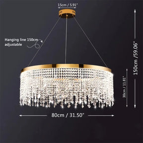 A contemporary piece, the Adena Crystal Modern Ring Chandelier by Morsale.com features a circular gold design adorned with multiple shimmering, diamond-shaped crystal beads. It hangs from the ceiling with adjustable lines and measures 31.5 inches in diameter and 59.06 inches in total height, with the crystal strands hanging down 11.81 inches.