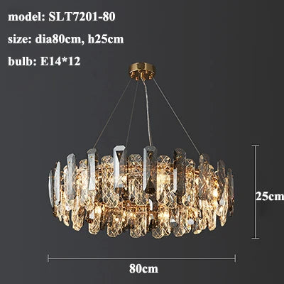 A Lazzo Crystal Ceiling Chandelier with a diameter of 80 cm and a height of 25 cm hangs from the ceiling. The model number is SLT7201-80, featuring intricate handmade crystals suspended by four cables from a gold-plated stainless steel mount, using 12 E14 bulbs. The product is available from Morsale.com.