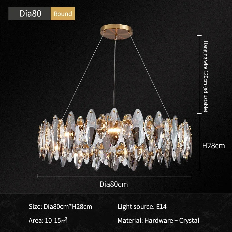 The Lazzo Modern Chandelier by Morsale.com is a sophisticated piece featuring handmade crystals and gold accents. Measuring 80 cm in diameter and 28 cm in height, it hangs from adjustable wires. This chandelier utilizes E14 light sources and is ideal for spaces ranging from 10-15 square meters, crafted from high-quality hardware and crystal.