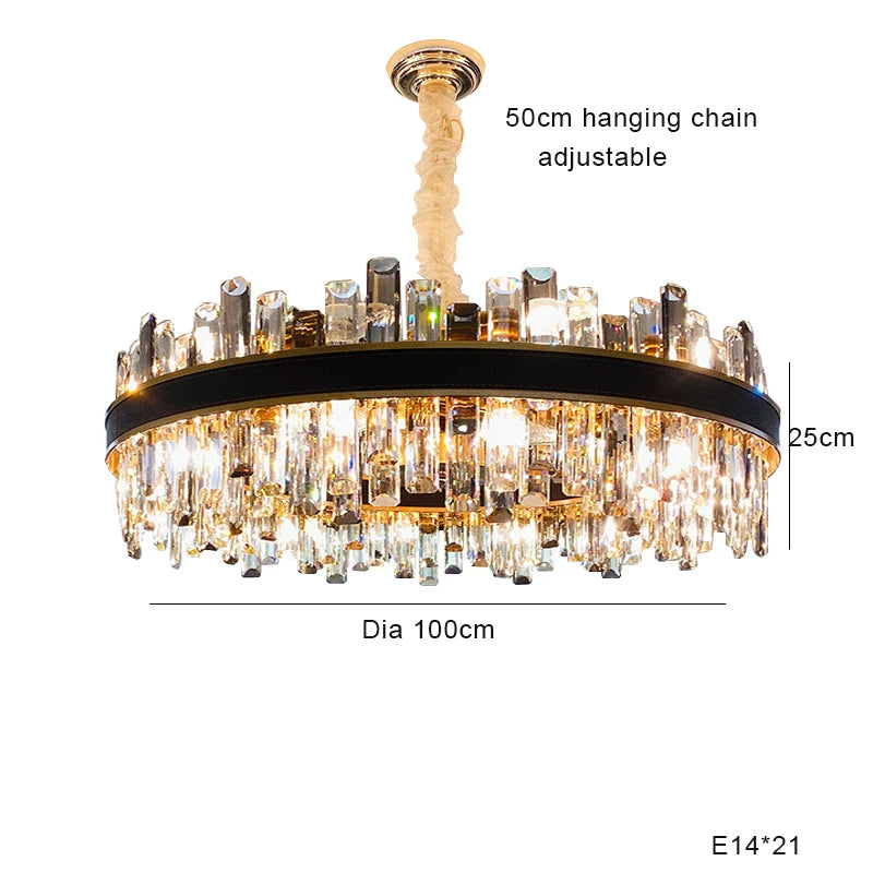 A large, ornate Calvi Modern Chandelier by Morsale.com with a diameter of 100cm, featuring multiple crystal prisms and 21 energy-efficient LED chips arranged in a circular pattern. It hangs from an adjustable 50cm chain and has a height of 25cm. The gold-plated stainless steel frame enhances its luxurious appeal.