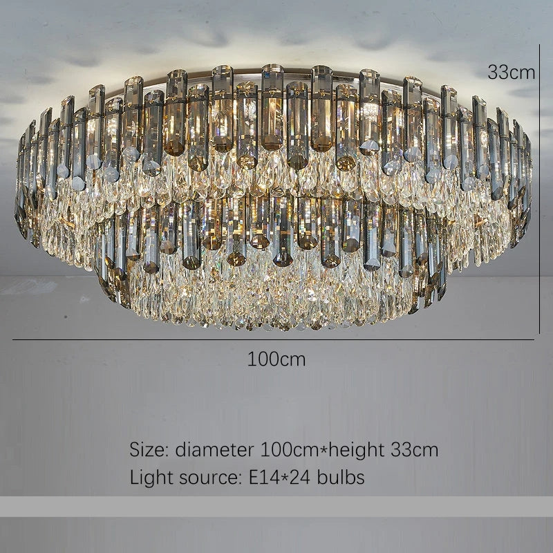 A grand **Venice 2-Tier Crystal Chandelier** by **Morsale.com** hangs from the ceiling, featuring two tiers of crystal prisms and a chrome finish. Measuring 100 cm in diameter and 33 cm in height, this piece of luxury lighting uses 24 E14 bulbs as its light source.