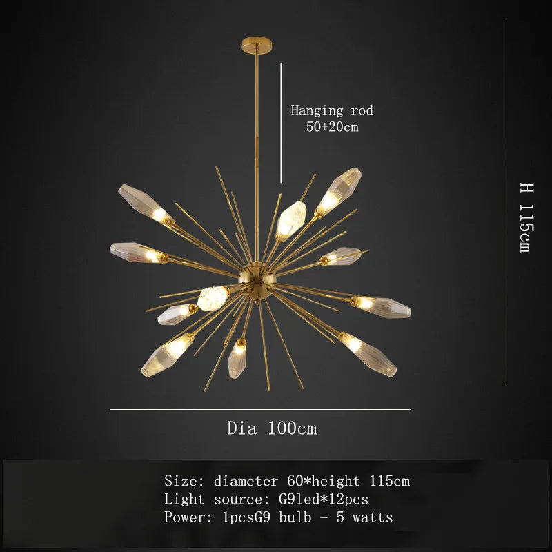 The Morelli Sputnik Chandelier by Morsale.com is a modern gold chandelier with a diameter of 100 cm and a height of 115 cm, featuring multiple crystal lights arranged in a starburst design. Made from stainless steel, the hanging rod is adjustable (50+20 cm). It uses 12 dimmable G9 LED bulbs with a power of 5 watts each. Size details shown on
