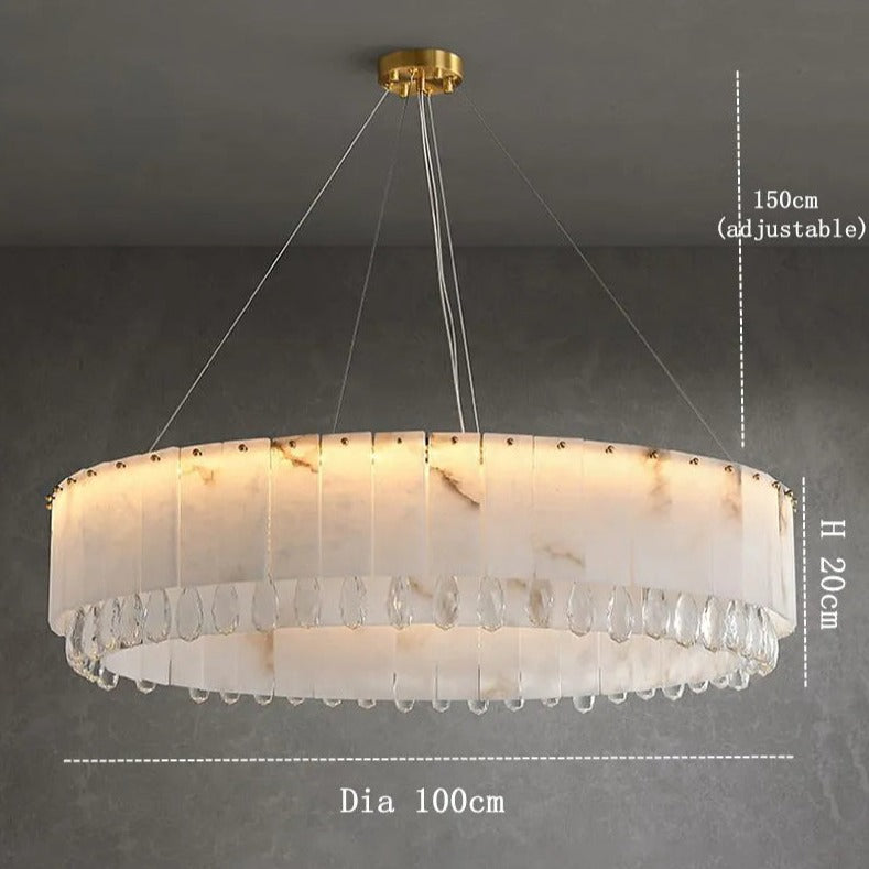 An elegant home decor piece, the Modern Crystal and Spanish Marble Chandelier by Morsale.com boasts a diameter of 100 cm and height of 20 cm. Hanging from adjustable wires up to 150 cm, it features a circular design with white, translucent material and decorative crystal-like drops along the lower edge.
