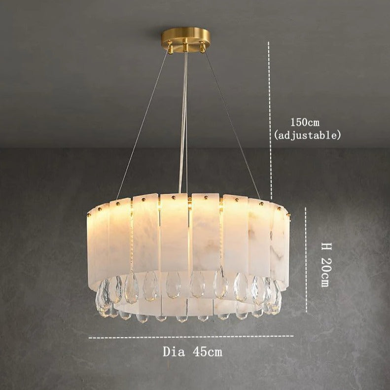 A Modern Crystal and Spanish Marble Chandelier by Morsale.com with a gold fixture, featuring a circular design with white panels and hanging crystal droplets. The elegant home decor piece is 200cm in height and 45cm in diameter, with an adjustable hanging length of up to 150cm.