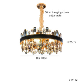 The Calvi Modern Chandelier by Morsale.com, featuring gold-plated stainless steel and adorned with clear crystals, has a 60cm diameter and a height of 25cm. With an adjustable 50cm hanging chain and 12 E14 light bulbs, it creates a luxurious and elegant lighting fixture.