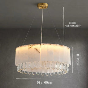 An elegant home decor piece, the Modern Crystal and Spanish Marble Chandelier by Morsale.com features a round, white design with a diameter of 60cm and a height of 20cm. It hangs from adjustable wires up to 150cm, adorned with teardrop-shaped crystal pendants along its gold-mounted edge.