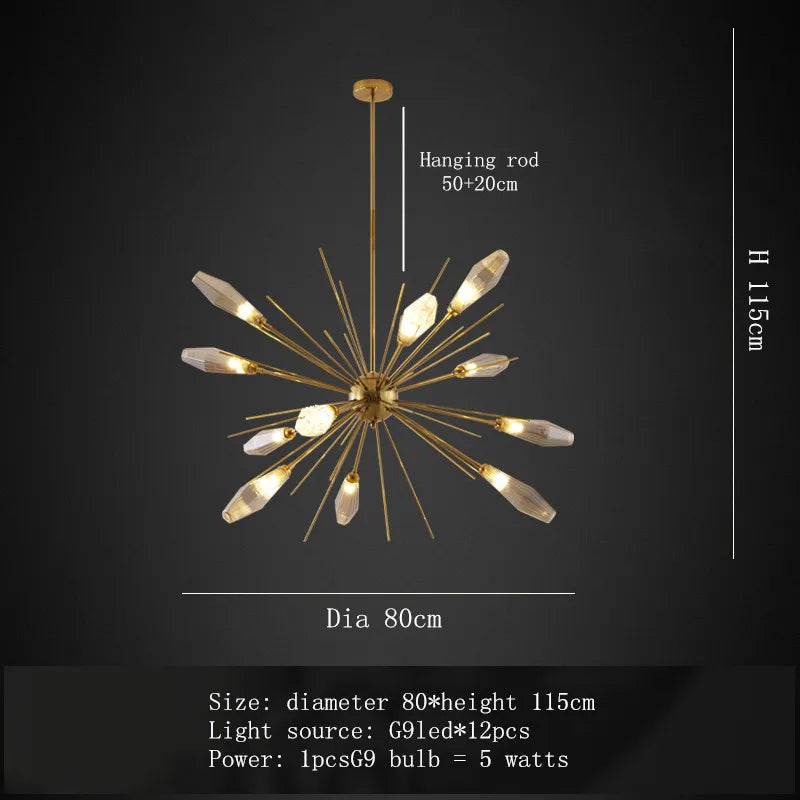 The Morelli Sputnik Chandelier by Morsale.com is a modern statement piece with a diameter of 80 cm and a height of 115 cm. It features 12 dimmable LED light sources on gold rods radiating from a central hub, each equipped with a G9 LED bulb of 5 watts, creating an elegant ambiance.